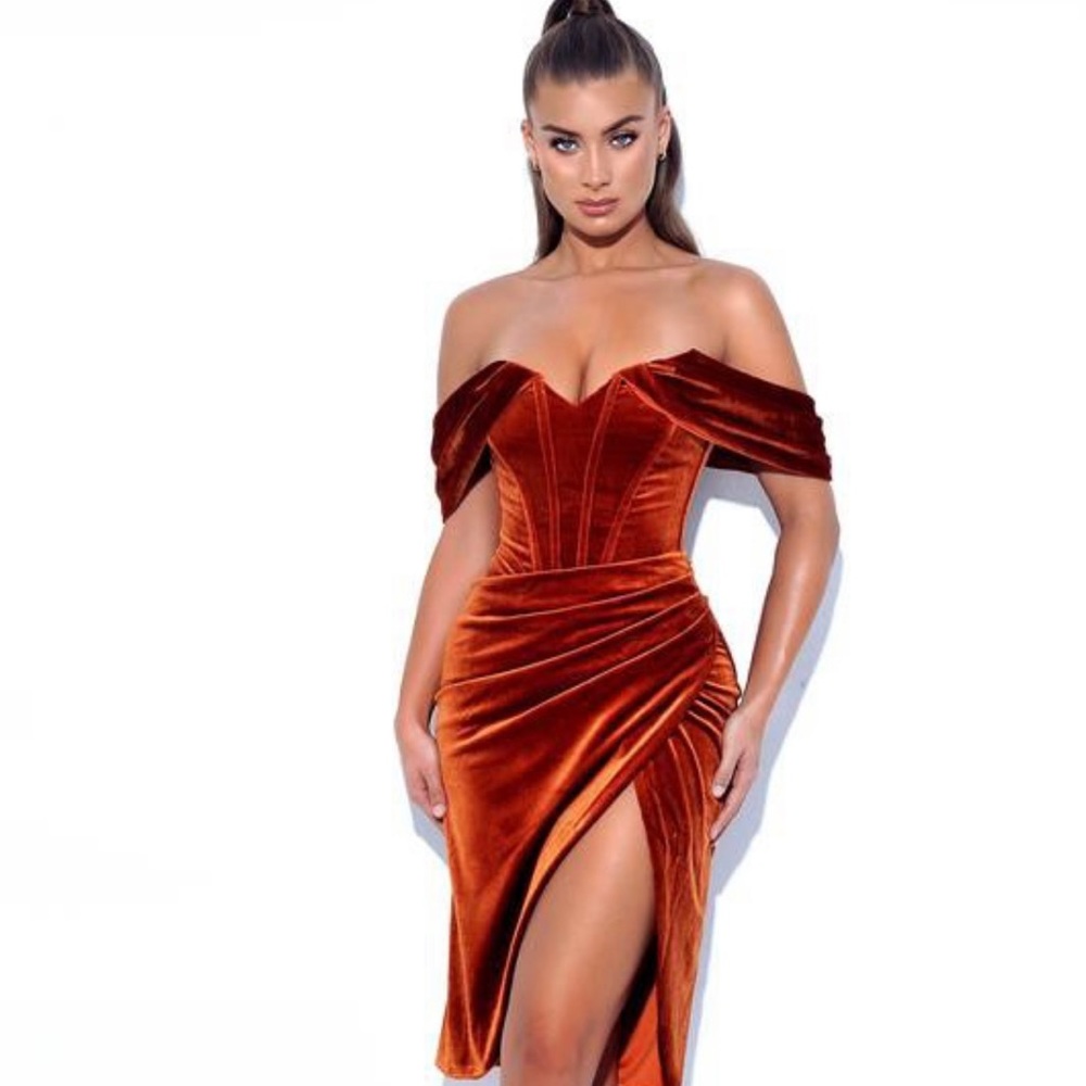 Tan velvet of shoulder corset dress
